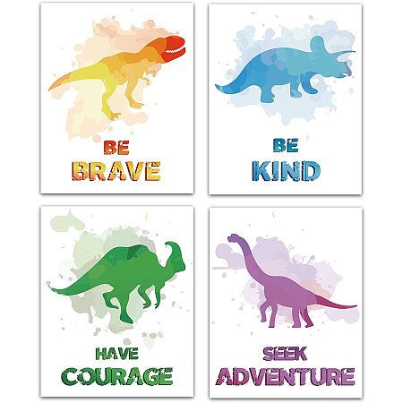 CREATCABIN Dinosaur Animals Watercolor Inspirational Quote Canvas Art Print Posters Wall Art Modern Artwork Set of 4 Painting for Classroom Nursery Boys Bedroom Home Birthday Gift Unframed 8 x 10inch