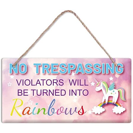 Arricraft PVC Wall Decoration Hanging Sign with NO TRESPASSING Violators Will be Turned into Rainbows Words Unicorn Pattern Pink Door Hanging Sign for Girls Kids Bedroom Decoration 5.9x11.8in