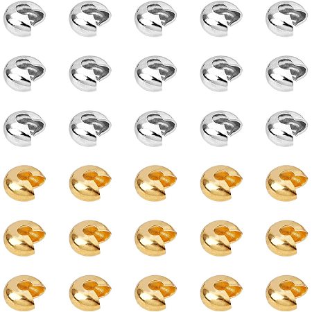 ARRICRAFT 200 Pcs 6mm Brass Crimp Beads Covers, Half Round Open Tube Beads Knot Cover Caps for Jewelry Making (Golden×100, Platinum×100)