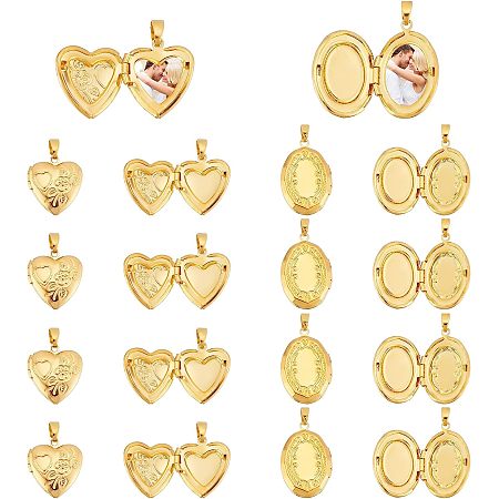 SUPERFINDINGS 20Pcs 2 Styles Locket Pendants Photo Frame Charms Brass Love Wedding Photo Charms Golden Heart Oval Pendants for DIY Memorial Necklace Making Inner Diameter: 9~14.5x7.5~10mm