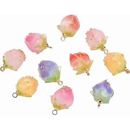BENECREAT 10Pcs 5 Colors Resin Flower Bud Charms Handmade Dried Flower Pendants with Peg Bails for DIY Bracelet Earring Necklace Jewelry Making, Hole: 1.2mm