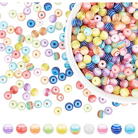 Pandahall Elite 600pcs Striped Resin Beads 10 Styles Gumball Spacer Beads Colorful Round Ball Beads Rainbow Loose Beads for Bracelet Earring Necklace Jewerly Making DIY Project, 6mm Hole: 1.2mm