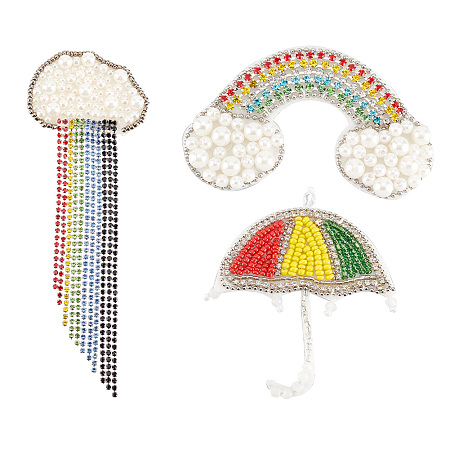 FINGERINSPIRE 3PCS 3 Style Rainbow Beaded Patches 1.8~5.5 inch Colorful Umbrella Clouds Shape Sewing Applique Patches Pearl Beaded Appliques Non Woven Fabric Patches for Clothes, Bag, Hat, Shoes