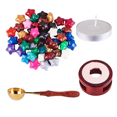 PandaHall Elite Wooden Wax Seal Kit - Sealing Stamp Wax Spoon, Vintage Seal Stamp Wax Stick Melting Pot Holder, 4pcs Candle and 50pcs Star Wax Beads No Hole for Wax Stamp Sealing