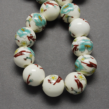 Honeyhandy Handmade Printed Porcelain Beads, Round, Medium Turquoise, 8mm, Hole: 2mm