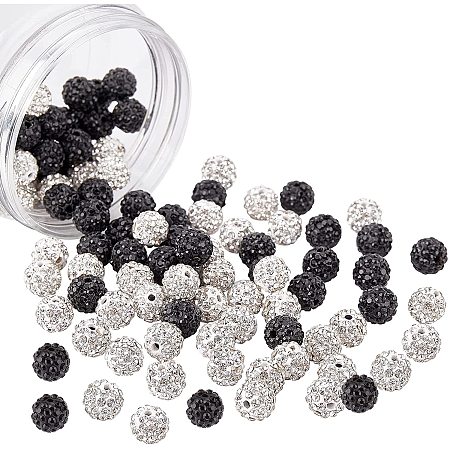 NBEADS 100 Pcs 10mm Pave Disco Ball Beads, Black and White Polymer Clay Rhinestone Beads Round Ball Loose Beads for Jewelry Making