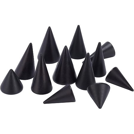 FINGERINSPIRE 12 Pcs Wooden Cone Ring Holders 6 Different Size Finger Ring Display Stands Black Ring Cone Organizer Holders DIY Craft Wooden Cone Jewelry Display Storage