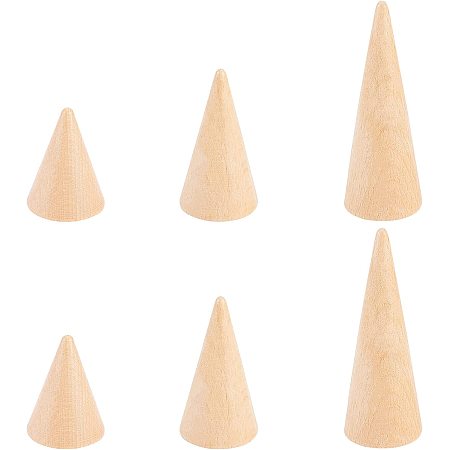 FINGERINSPIRE 6 Pcs Wooden Cone Ring Holder 3 Heights 1.5/2/3 Inch Beechwood Ring Display Stand Rings Display Holder Jewelry Organizer DIY Craft Wooden Cone Stand