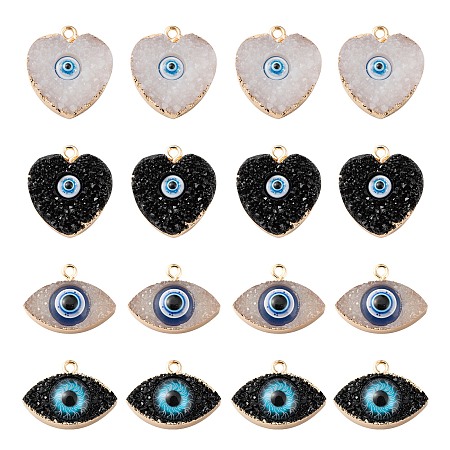 ARRICRAFT 16Pcs 2 Style Druzy Resin Pendants, with Edge Light Gold Plated Iron Loops, Evil Eye & Heart with Evil Eye, Mixed Color, 17~23x19~23x5.5~7.5mm, Hole: 1.8~2mm, 8pcs/style