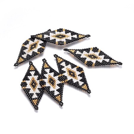Honeyhandy MIYUKI & TOHO Handmade Japanese Seed Beads Links, Loom Pattern, Rhombus, Black, 60~61x24.5~25x1.7mm, Hole: 1.6mm