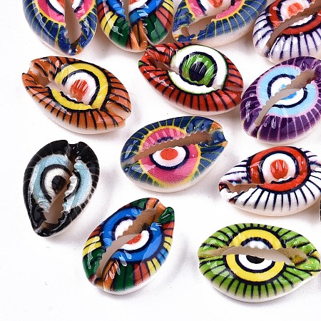 Honeyhandy Printed Natural Cowrie Shell Beads, No Hole/Undrilled, with Evil Eye Pattern, Mixed Color, 18~22x13~14x6~8mm