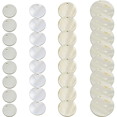 SUNNYCLUE 1 Box 32Pcs 4 Size Natural Freshwater Shell Pendants Flat Round Charms Ocean Cabochons Beads with Hole for Earrings Bracelets Necklaces Making Crafts Accessories