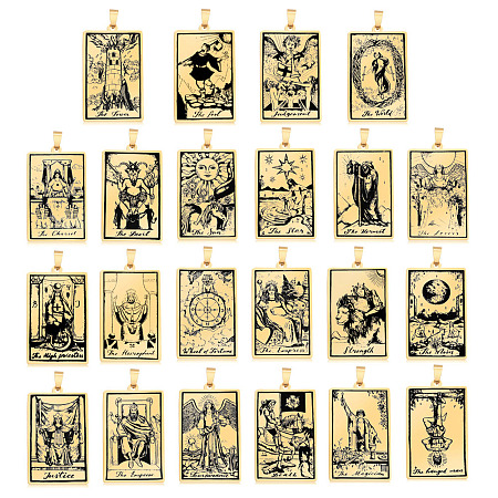 Honeyhandy 201 Stainless Steel Pendants, Laser Engraved Pattern, Rectangle with Tarot Card Patterns, Golden, 40x24x1mm, Hole: 8x4mm, 22pcs/set