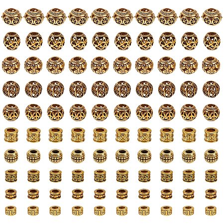 NBEADS 100 Pcs 10 Styles Golden Spacer Beads, Tibetan Style Alloy Beads, Large Hole Antique Metal Beads for Bracelet Necklace Making Supplies
