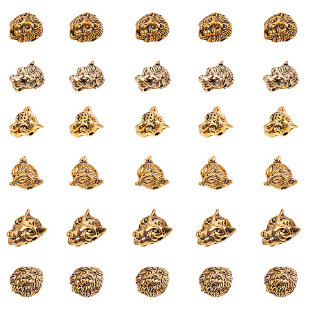 PandaHall Elite 30 PCS 6 Styles Antique Gold Alloy Leopard Tiger Lion Fox Head Beads Connector Charm Beads for Bracelet Necklace Earrings Jewelry Making Crafts