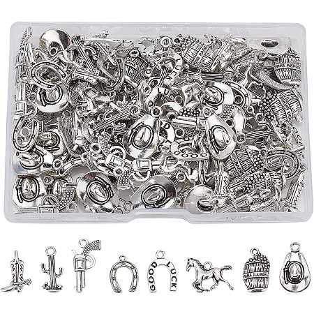 SUPERFINDINGS 128pcs 8 Style Cowboy Boot Gun Hat Charms Tibetan Style Alloy Pendants Antique Silver Western Cowboy Theme Pendant Charms for Jewelry Making