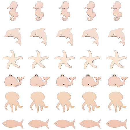 NBEADS 240 Pcs Marine Organism Theme Unfinished Wooden Cutouts, 6 Different Kinds of Starfish Dolphin Whale Fish Sea Horse Octopus Wooden Cabochons for DIY Crafts Projects Decorations, Papaya Whip