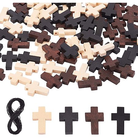 PH PandaHall 90pcs Wood Cross Pendants 3 Color Blessing Cross Charm Spacer Beads for Party Favors, Sunday School DIY Craft