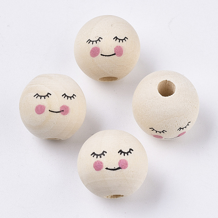 Honeyhandy Natural Wood European Beads, Printed, Large Hole Beads, Round, Old Lace, 15~16mm, Hole: 4mm, about 380pcs/500g