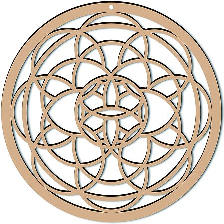 CREATCABIN 10inch Wood Flower Wall Decor Wooden Wall Art Crystal Grid Sacred Geometry Laser Cut Wall Sculpture Hanging Decor Spiritual Symbol Round for Housewarming Home Office Yoga Studio Decoration