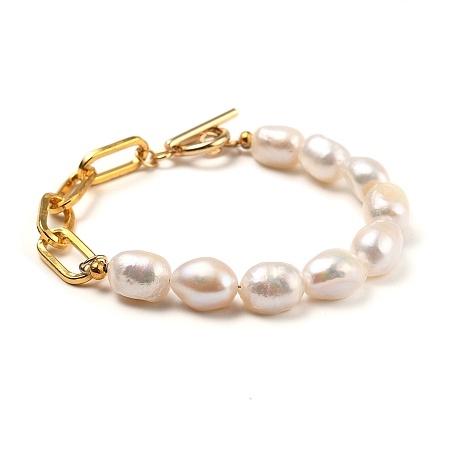 Honeyhandy Natural Baroque Pearl Keshi Pearl Beaded Bracelets, with Iron Paperclip Chains and 304 Stainless Steel Toggle Clasps, Golden, 7.28~7.68 inch(18.5~19.5cm)