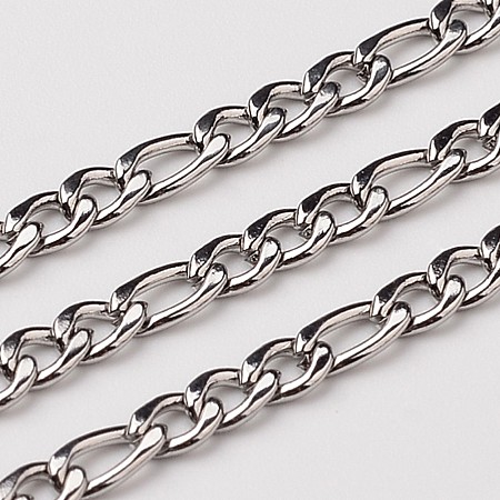 Honeyhandy 3.28 Feet 304 Stainless Steel Figaro Chains, Faceted, Unwelded, Stainless Steel Color, 4~6x3mm