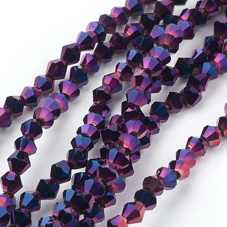 Honeyhandy 1 Strand Faceted Bicone Full Purple Electroplate Glass Beads Strands, 3x3mm, Hole: 1mm, about 128~135pcs/strand, 12.2 inch