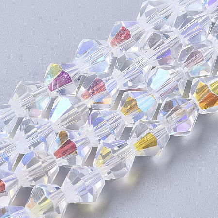 Honeyhandy Electroplate Glass Beads Strands, AB Color Half Plated, Faceted, Bicone, Clear AB, 8x8mm, Hole: 1.5mm, about 37~39pcs/Strand, 12.01 inch(30.5 cm)