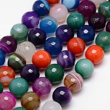 Natural Striped Agate/Banded Agate Beads Strands, Faceted, Dyed, Round, Mixed Color, 14mm, Hole: 1.5mm