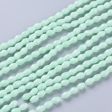Arricraft Opaque Solid Color Glass Beads Strands, Faceted, teardrop, Pale Green, 5x3mm, Hole: 0.5mm; about 85~95pcs/strand, 16.5~18.7 inches(42~47.5cm)