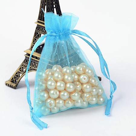 Honeyhandy Organza Bags, with Ribbons, Deep Sky Blue, 9x7cm