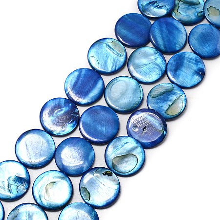ARRICRAFT Natural Shell Beads Strands, Dyed, Flat Round, Blue, about 20mm in diameter, hole: 0.5mm, 20pcs/strand, 15 inches
