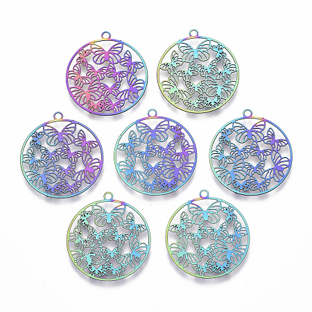 NBEADS Vacuum Plating 201 Stainless Steel Filigree Pendants, Etched Metal Embellishments, Ring with Butterfly, Multi-color, 22.5x20.5x0.4mm, Hole: 1.5mm