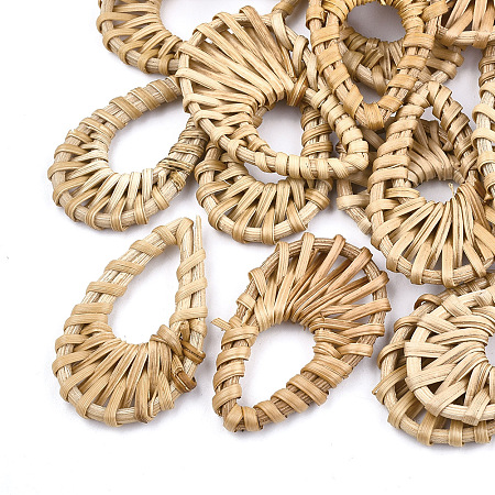 Honeyhandy Handmade Reed Cane/Rattan Woven Pendants, For Making Straw Earrings and Necklaces, teardrop, BurlyWood, 47~54x29~35x4~5mm, Hole: 11~16x23~28mm