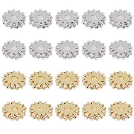 DICOSMETIC 20Pcs 2 Colors Brass Micro Pave Cubic Zirconia Bead Spacers, Flat Round/Gear, Clear, Platinum & Golden, 8x2mm, Hole: 2mm, 10pcs/color