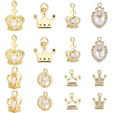 PandaHall Elite 16pcs 14K 18K Zirconia Crown Charms, 8 Styles Queen King Crown Charm Micro Paved CZ Stone Pendant Dainty Charm for Earring Necklace Bracelet DIY Valentine's Day Gifts