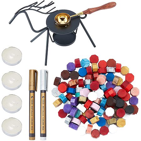 CRASPIRE Fire Wax Seal Wax Sealing Stamps Tool Kits, include Black Color Deer Iron Wax Furnace, Spoon, Wax Particles, Paints Pens, for Scrapbooking, Mixed Color, 118x66x87mm