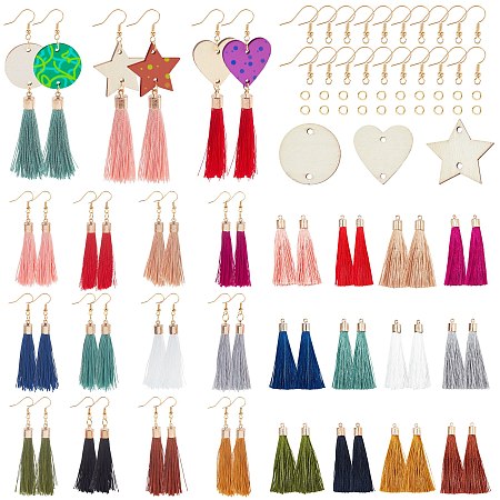 SUNNYCLUE DIY Tassel Earring Making Kits,include Undyed Wood Links, Polyester Tassel Big Pendants, Brass Earring Hooks and Iron Jump Rings, Mixed Color, Tassel Big Pendants: 60~65x7~25mm, hole: 1.5mm, 12 colors, 4pcs/color, 48pcs/set