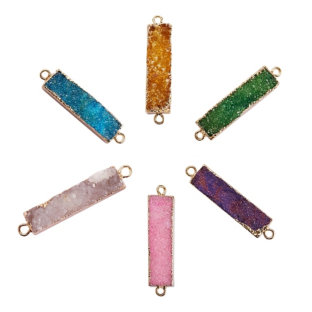 6Pcs 6 Colors Electroplated Natural Druzy Agate Links Connectors, Long-Lasting Plated, Real 18K Gold Plated, Rectangle, Golden, Mixed Color, 38~45x8.5x7.5mm, Hole: 2mm, 1pc/color