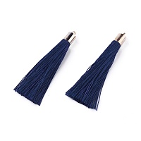 Honeyhandy Polyester Tassel Big Pendant Decorations, with Alloy Finding, Golden, Marine Blue, 58~65x7~25mm, Hole: 1.5mm