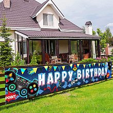 FINGERINSPIRE 118x20inch Video Game Background Birthday Banner with Hanging Rope Party Supplies Rectangle Polyester Hanging Sign with Gamepad Pattern for Outdoor & Indoor Decor