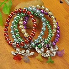 Honeyhandy Lovely Wedding Dress Angel Bracelets for Kids, Carnival Stretch Bracelets, with Glass Pearl Beads and Tibetan Style Beads, Mixed Color, 45mm