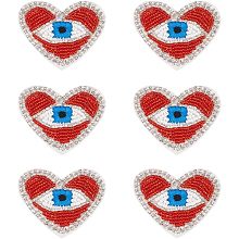 WADORN 6pcs Heart Beaded Patches, Rhinestone Heart Evil Eyes Applique Patch Sew on Patches DIY Decorative Applique Embellishments Patches for Clothing Jeans Jackets Shoes Handbag, Red