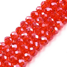 Electroplate Glass Beads Strands, Pearl Luster Plated, Faceted, Rondelle, Red, 6x5mm, Hole: 1mm, about 85~88pcs/strand, 16.1~16.5 inch(41~42cm)