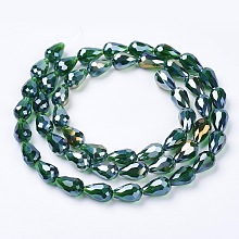 Honeyhandy Electroplate Glass Beads Strands, AB Color Plated, Faceted Teardrop, Dark Green, 15x10mm, Hole: 1mm, 50pcs/strand, 27.1 inch