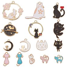 SUNNYCLUE 30Pcs 15 Styles Alloy Enamel Charms, Cat Shape, Light Gold, Mixed Color, 13~30x8.5~29x1~3mm, Hole: 1.2~2mm, 2pcs/style