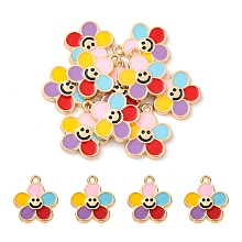 Honeyhandy Alloy Enamel Pendants, Golden, Flower with Smiling Face Charm, Colorful, 15.5x14x2mm, Hole: 1.4mm