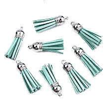 Honeyhandy Faux Suede Tassel Pendant Decorations, with CCB Plastic Cord Ends, Platinum, Dark Cyan, 35~37x10mm, Hole: 1.8mm