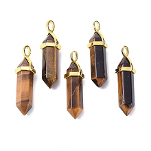 Honeyhandy Natural Yellow Tiger Eye Pointed Pendants, with Random Brass Pendant Hexagon Bead Cap Bails, Golden, Bullet, 38.5~40x12~12.5x10~11mm, Hole: 3x4.5mm