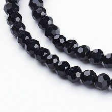 Honeyhandy Transparent Glass Bead Strands, Faceted, Flat Round, Black, 4~5x3~4mm, Hole: 0.5mm, about 100pcs/strand, 14.7 inch